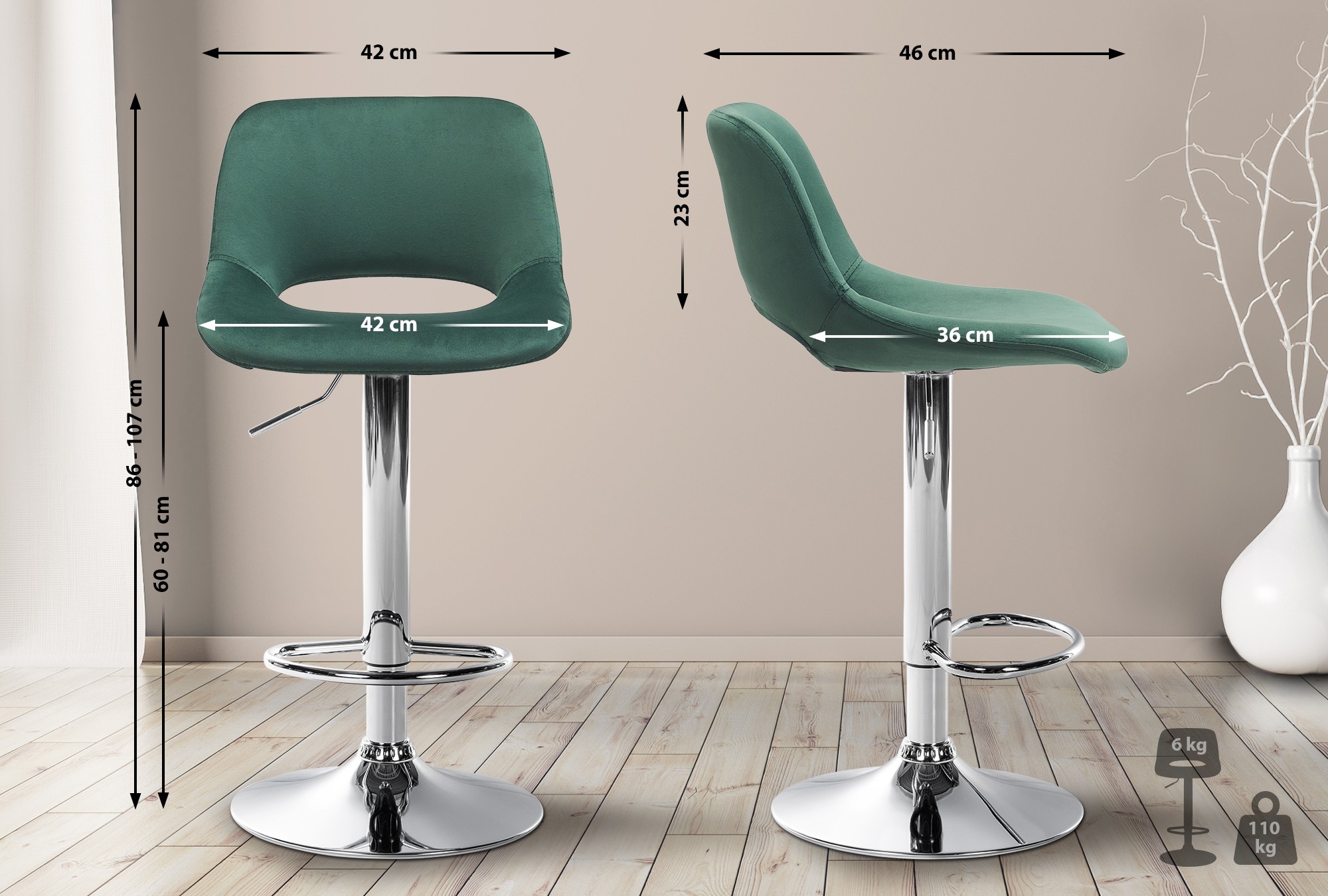 Lot de 2 tabourets de bar Camden velours