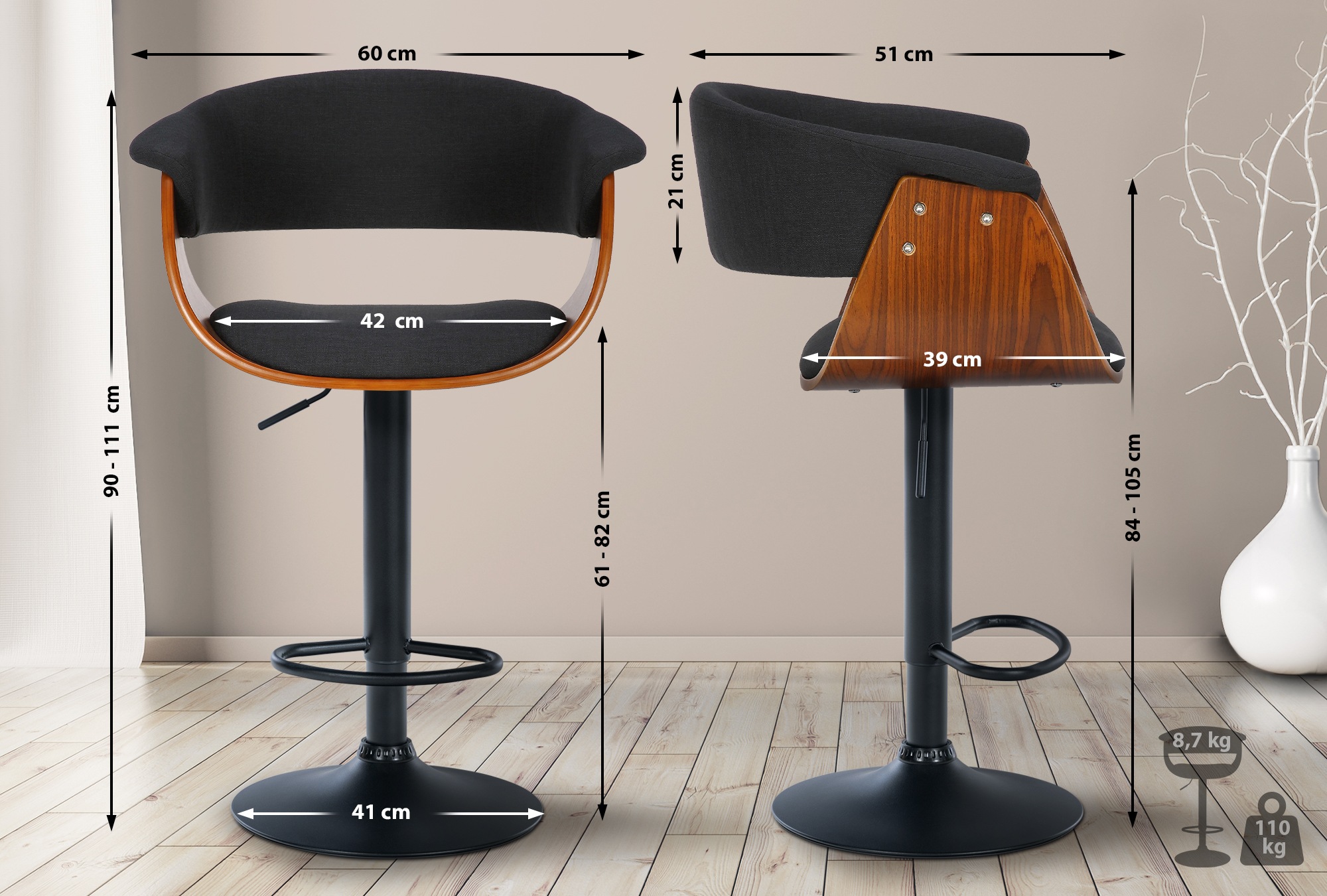 Tabouret de bar Vestal avec Coque en bois réglable pivotant