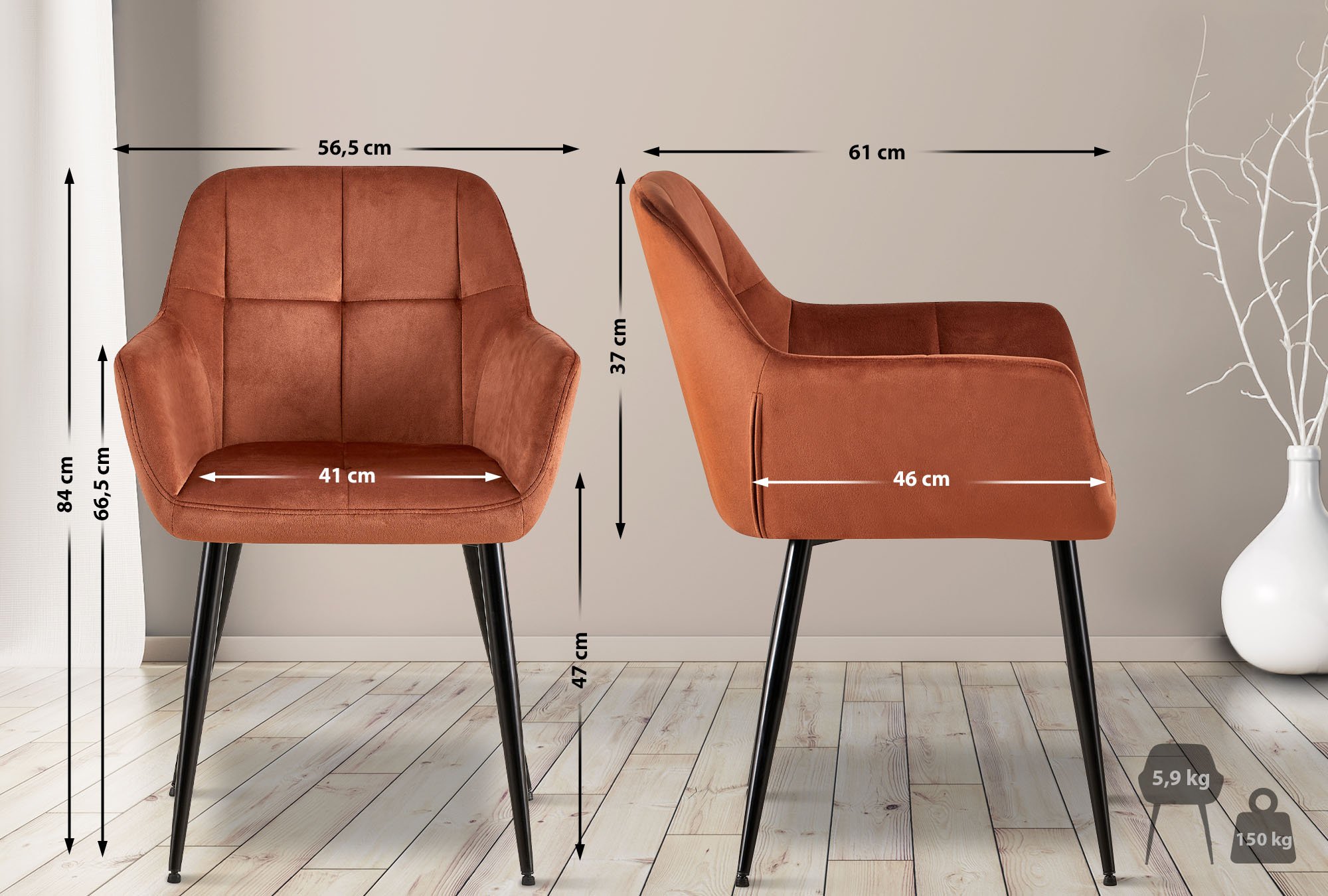 Lot de 4 Chaises de salle à manger Emia en Velours avec Piètement en Métal noir