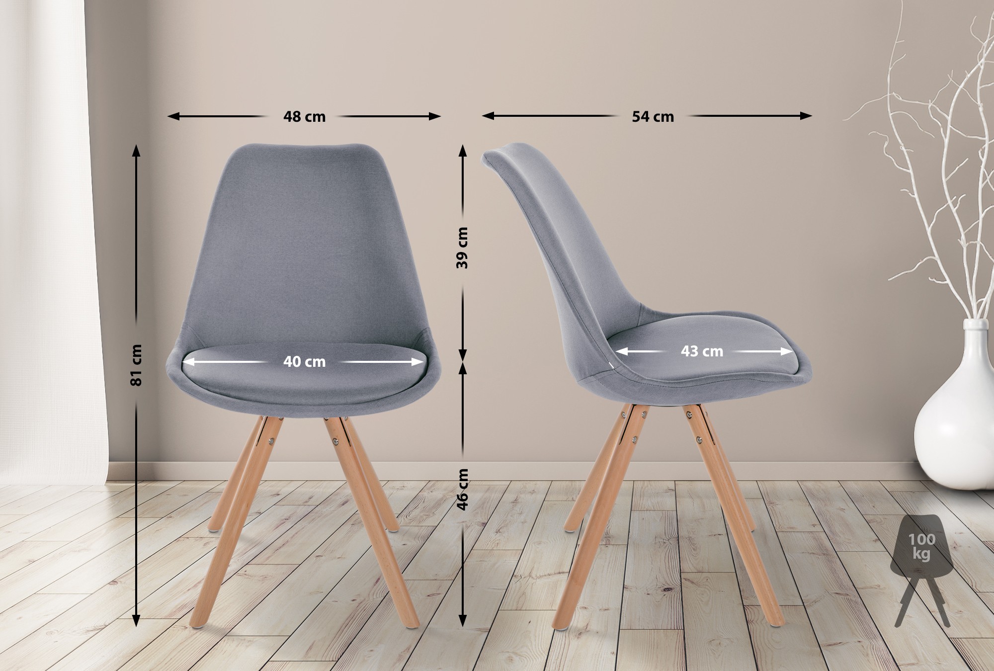 Lot de 4 chaises de salle à manger Sofia en tissu Pieds en bois