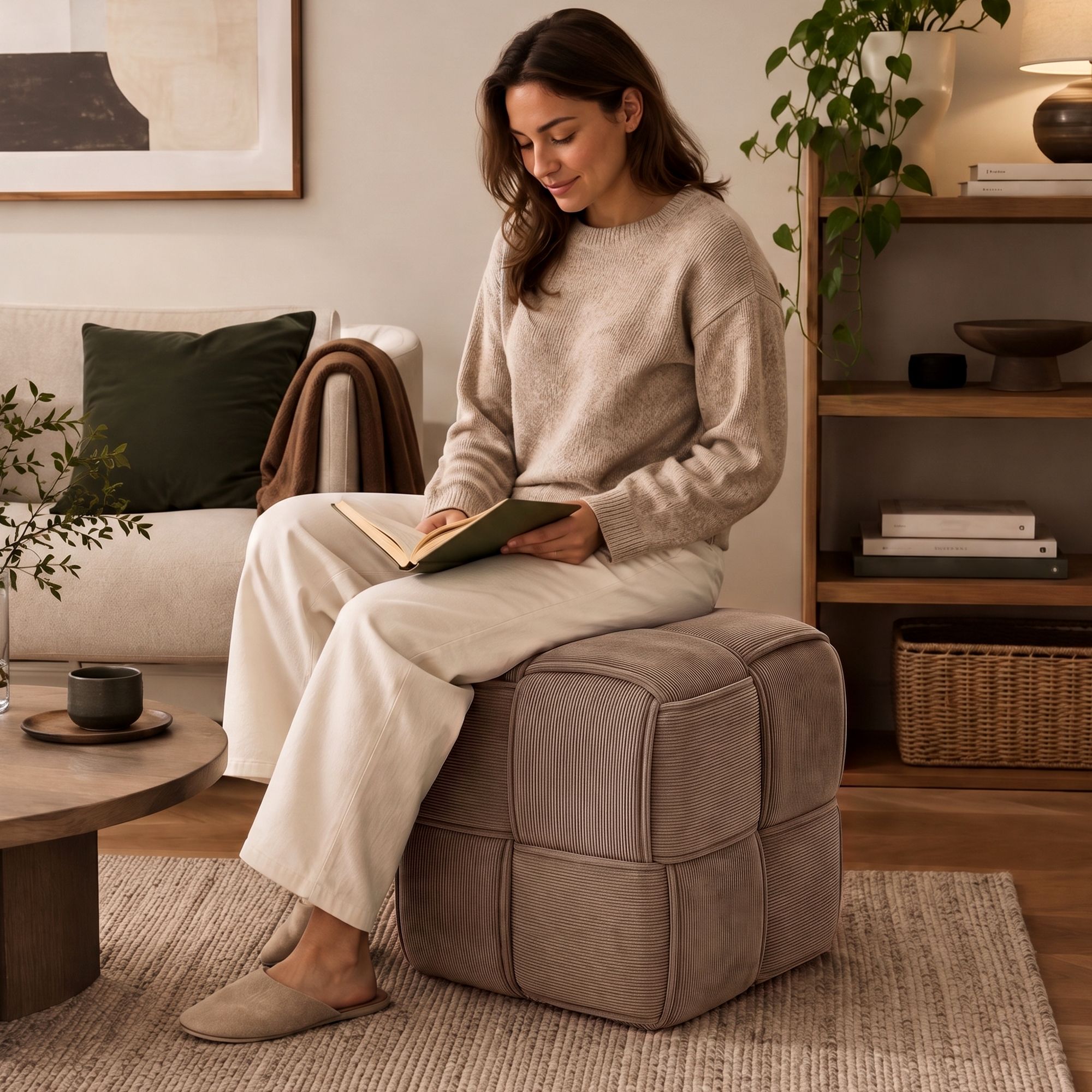Pouf Forinta en velours côtelé