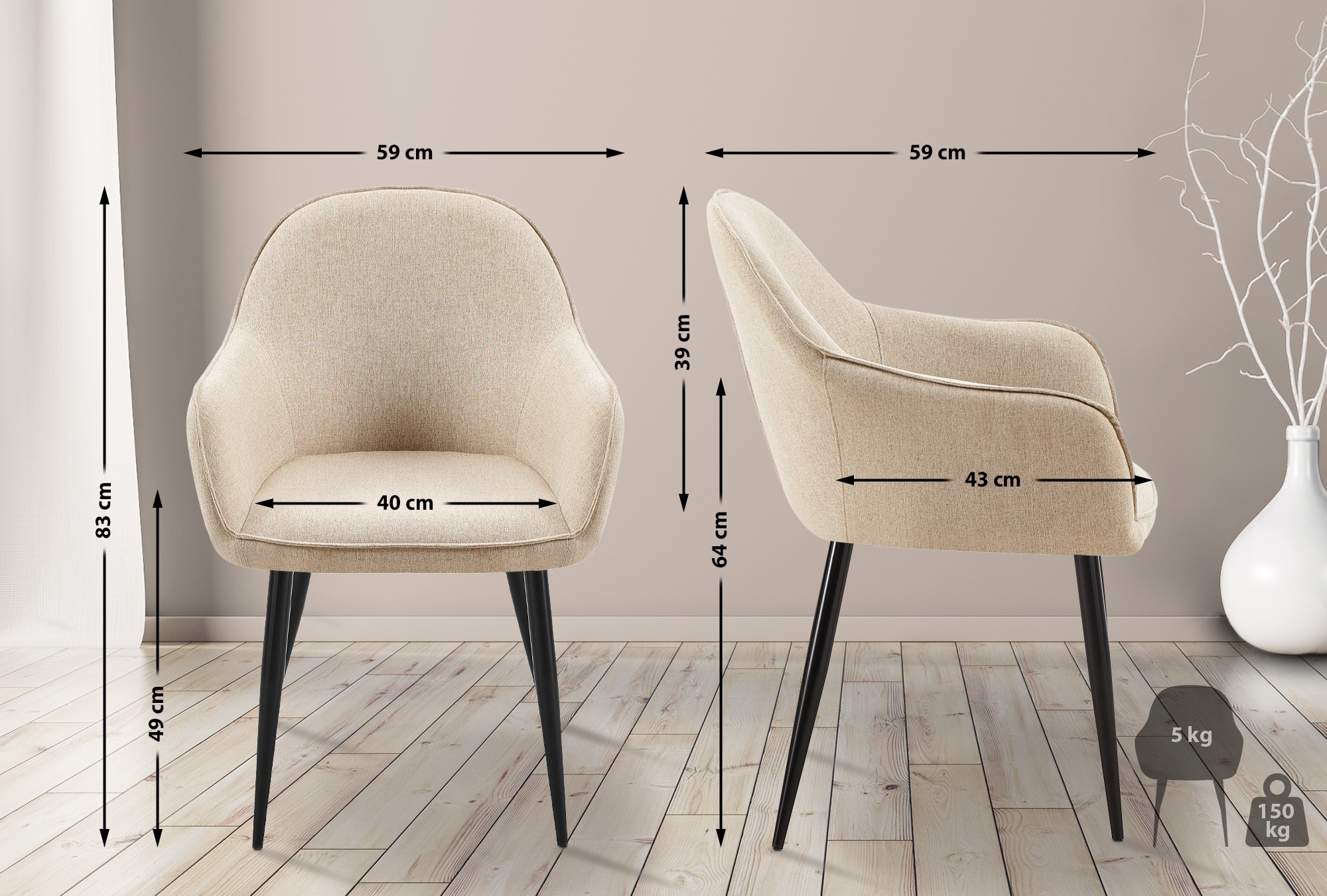 Lot de 2 Chaises de salle à manger Boise en Tissu avec Piètement en Métal noir