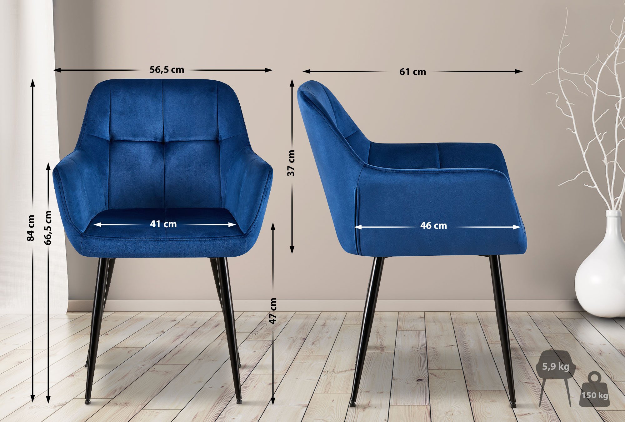 Lot de 4 Chaises de salle à manger Emia en Velours avec Piètement en Métal noir