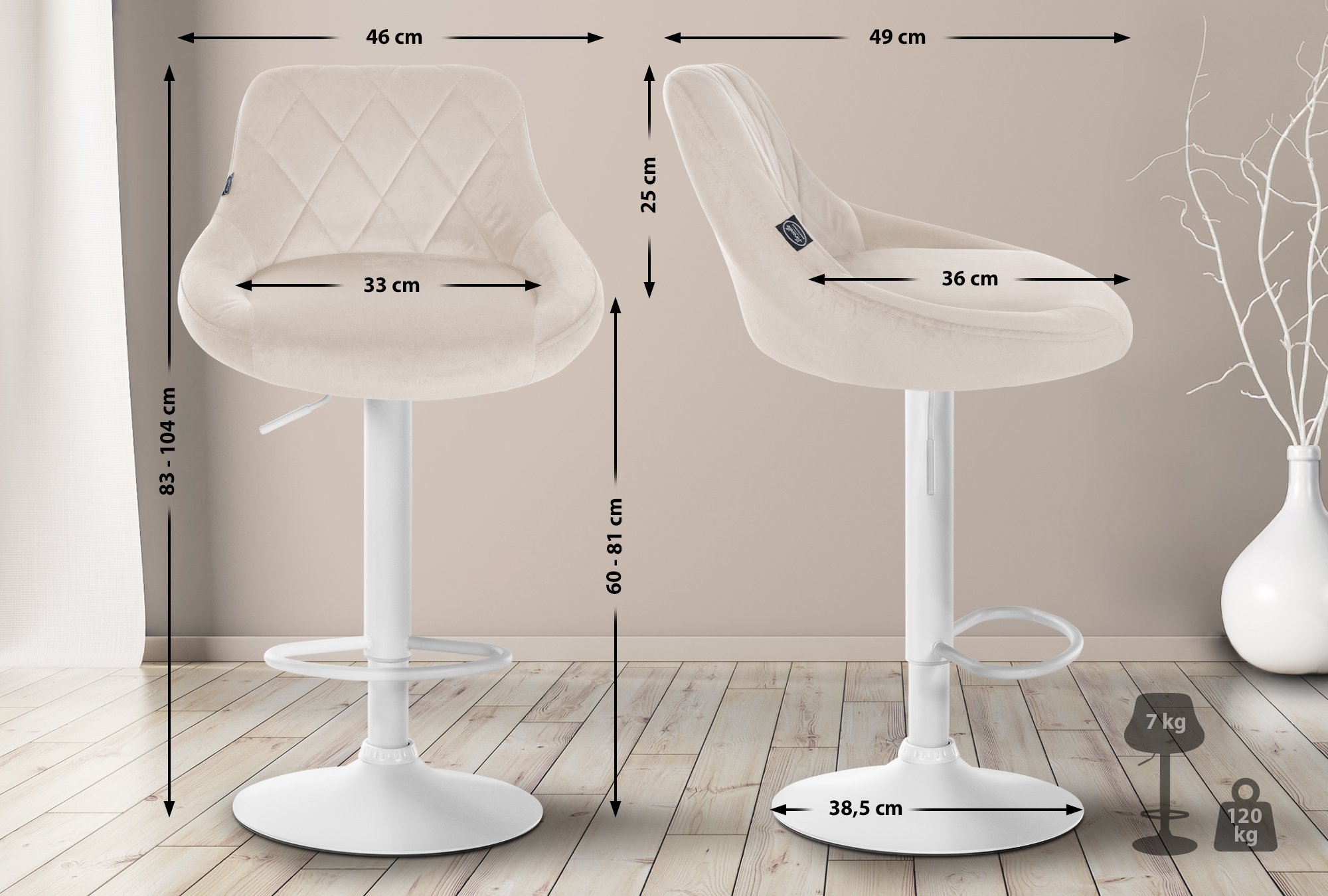 Tabouret de bar Lazio en velours avec pied en métal