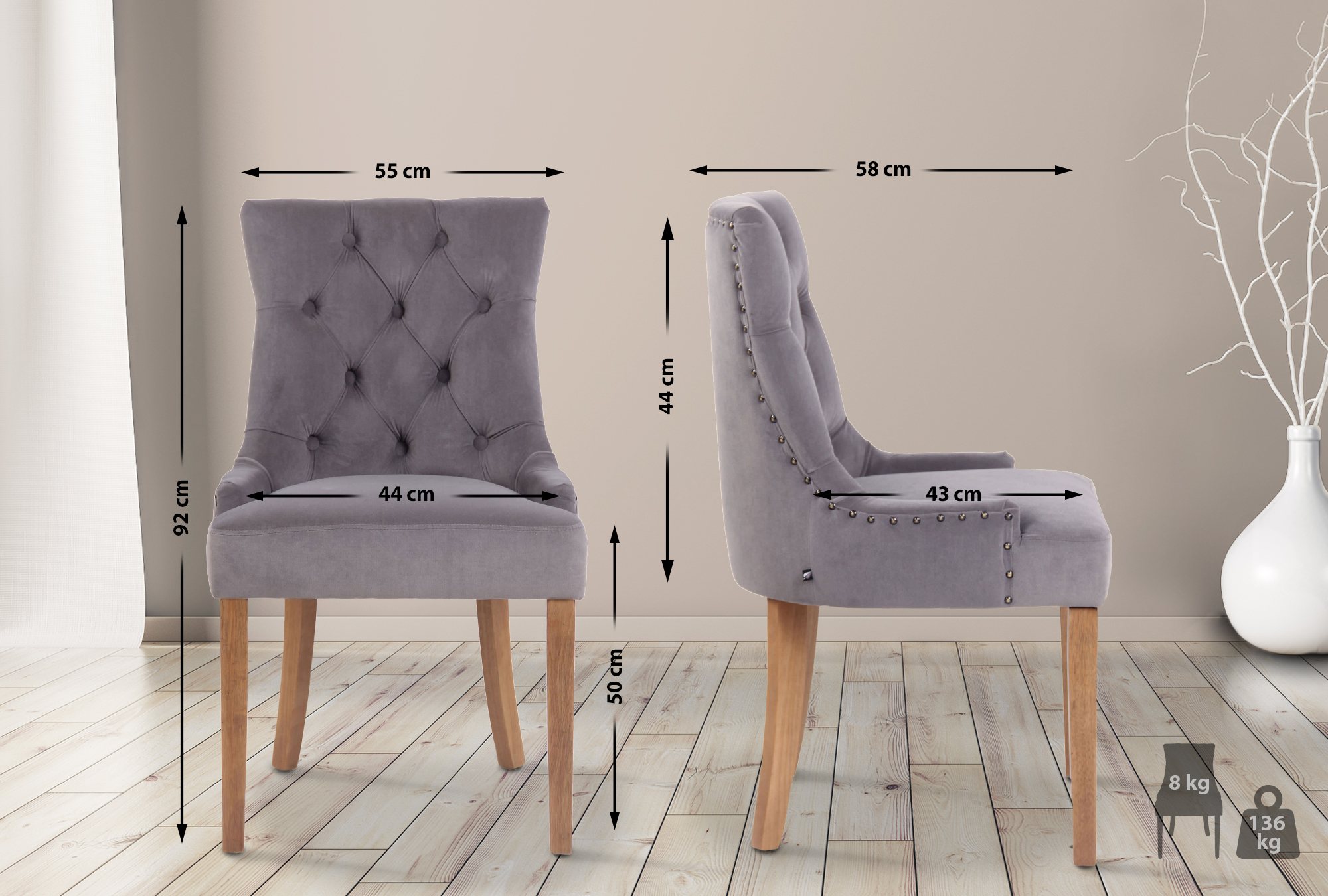 Lot de 4 Chaises de salle à manger Aberdeen en Velours Piètement en bois d'hévéa