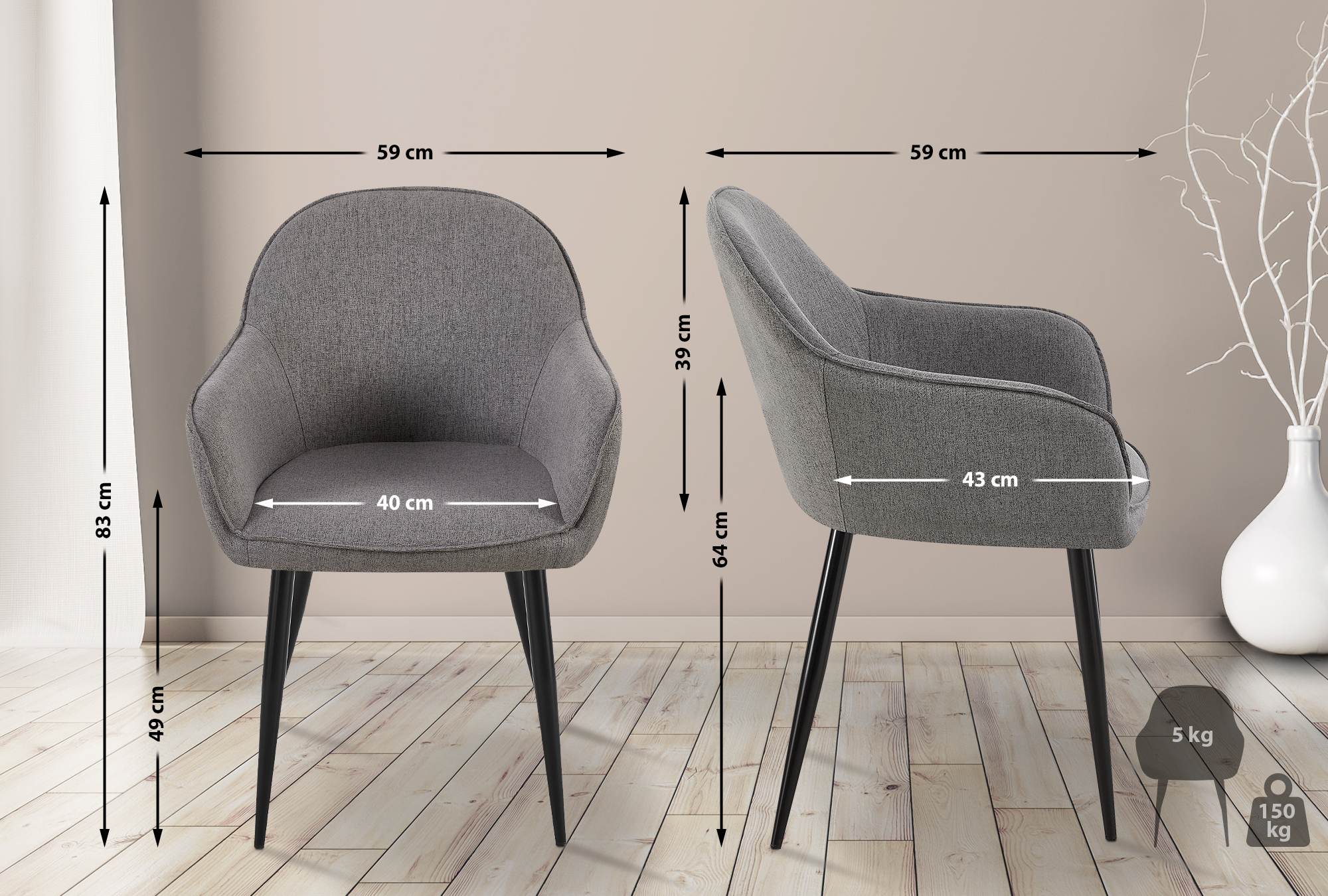 Lot de 2 Chaises de salle à manger Boise en Tissu avec Piètement en Métal noir