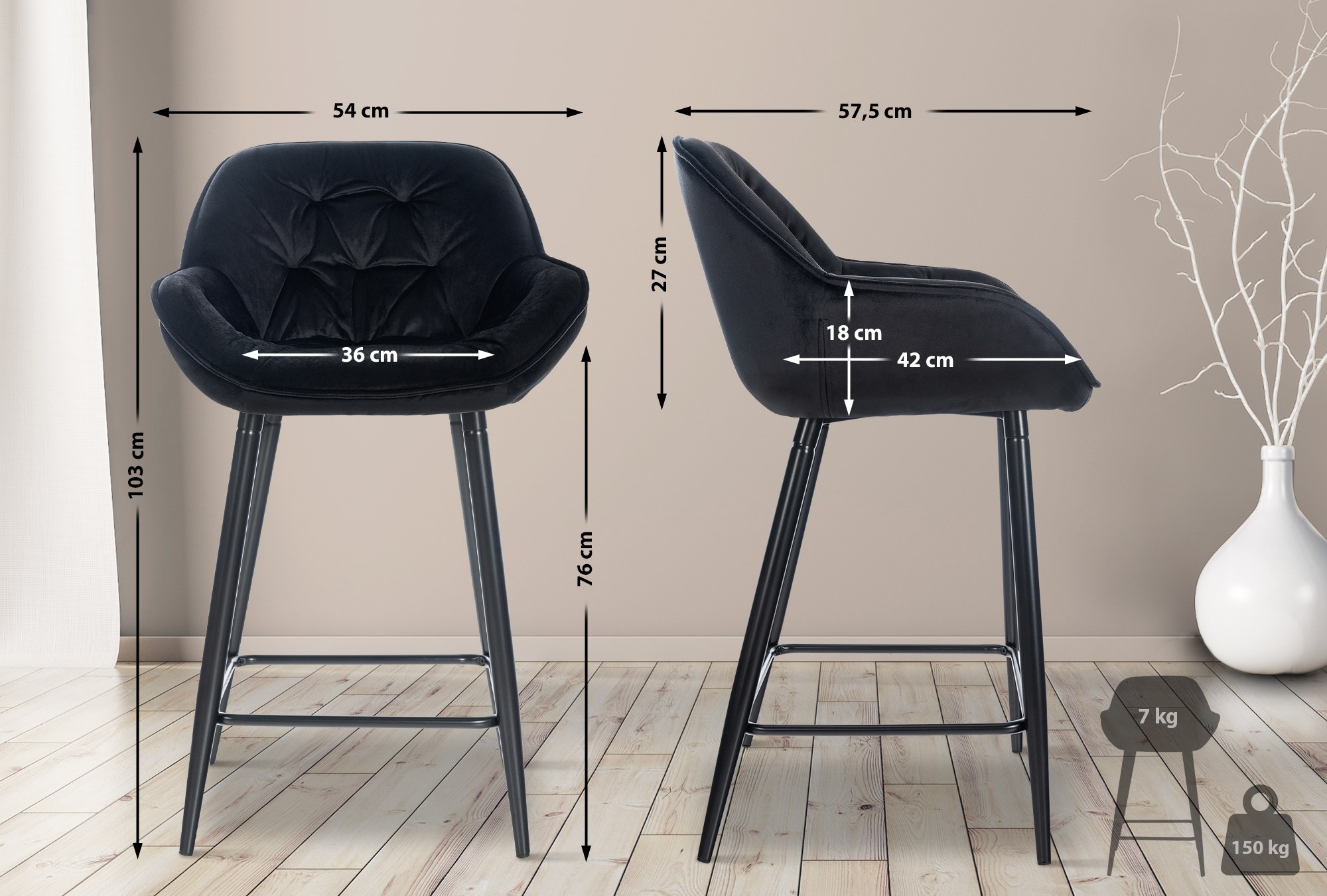 Lot de 2 tabourets de bar Gibson velours hauteur d'assise 76 cm
