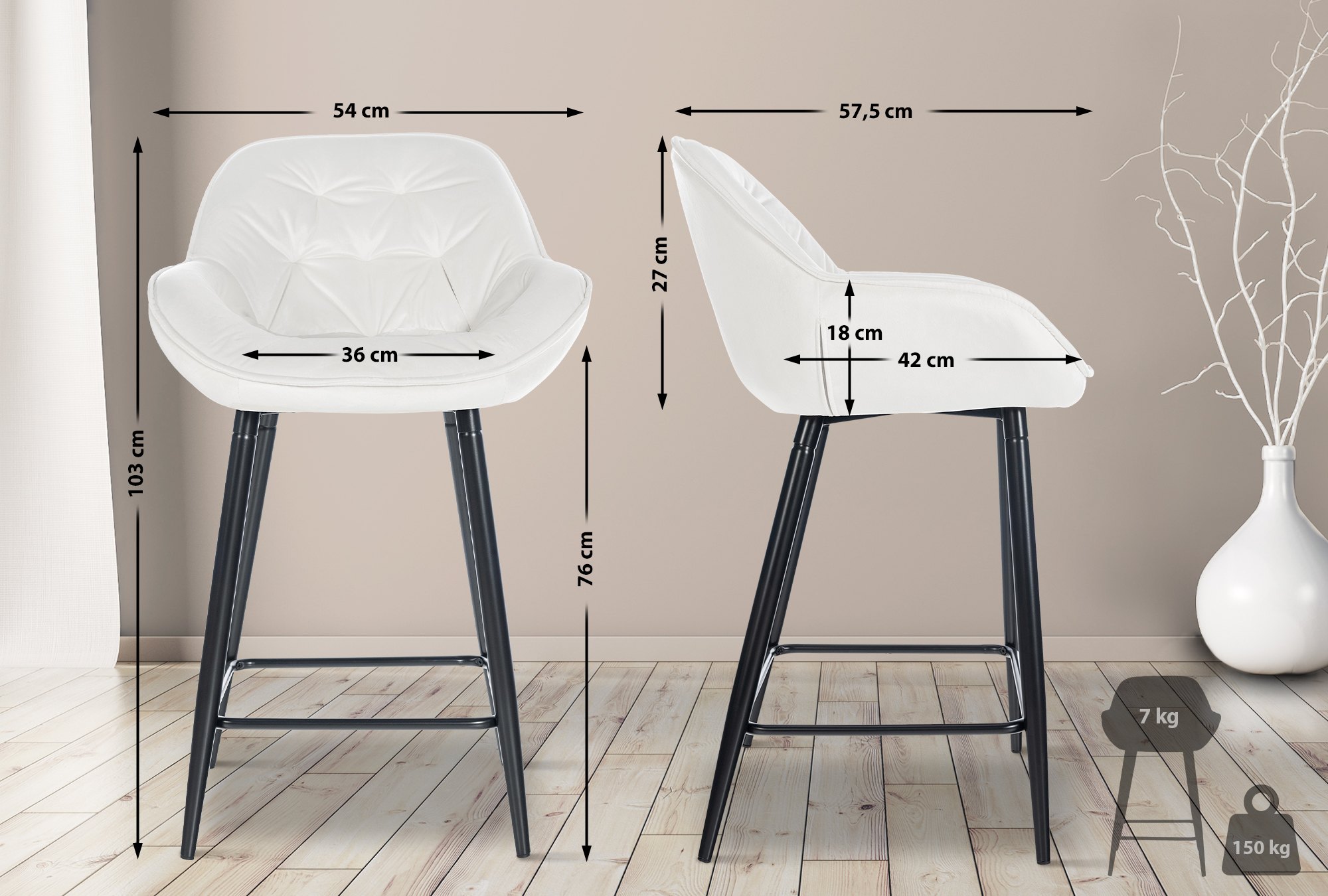 Lot de 2 tabourets de bar Gibson velours hauteur d'assise 76 cm