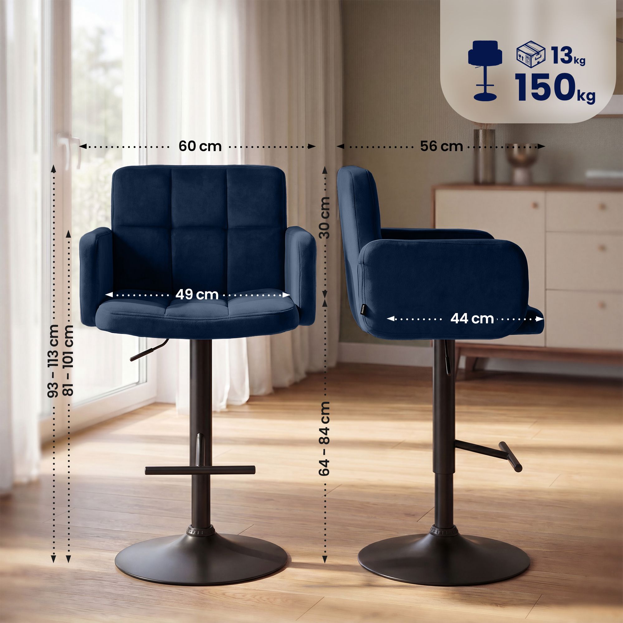 Lot de 2 tabourets de bar Los Angeles velours