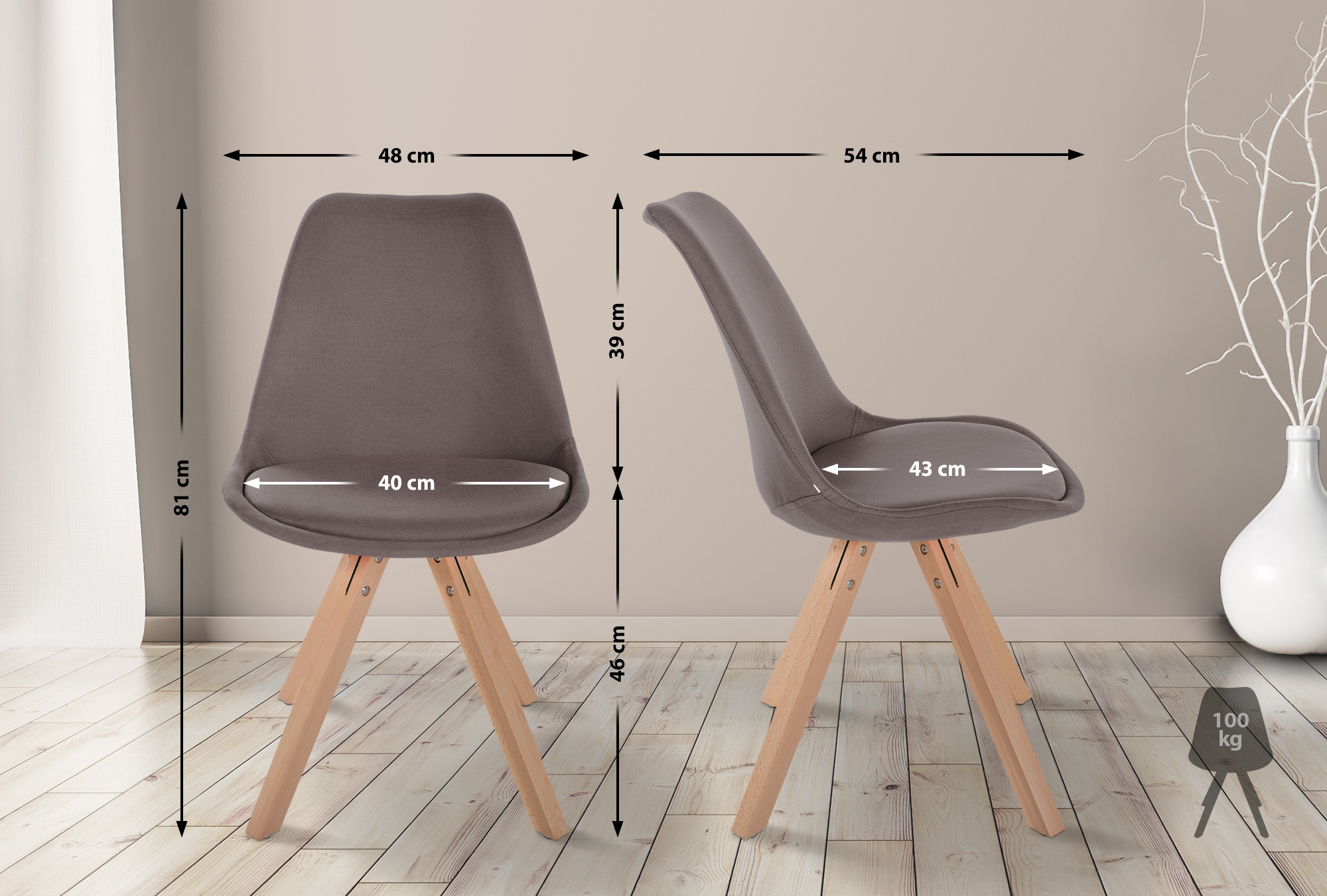 Lot de 4 chaises de salle à manger Sofia en tissu Pieds en bois