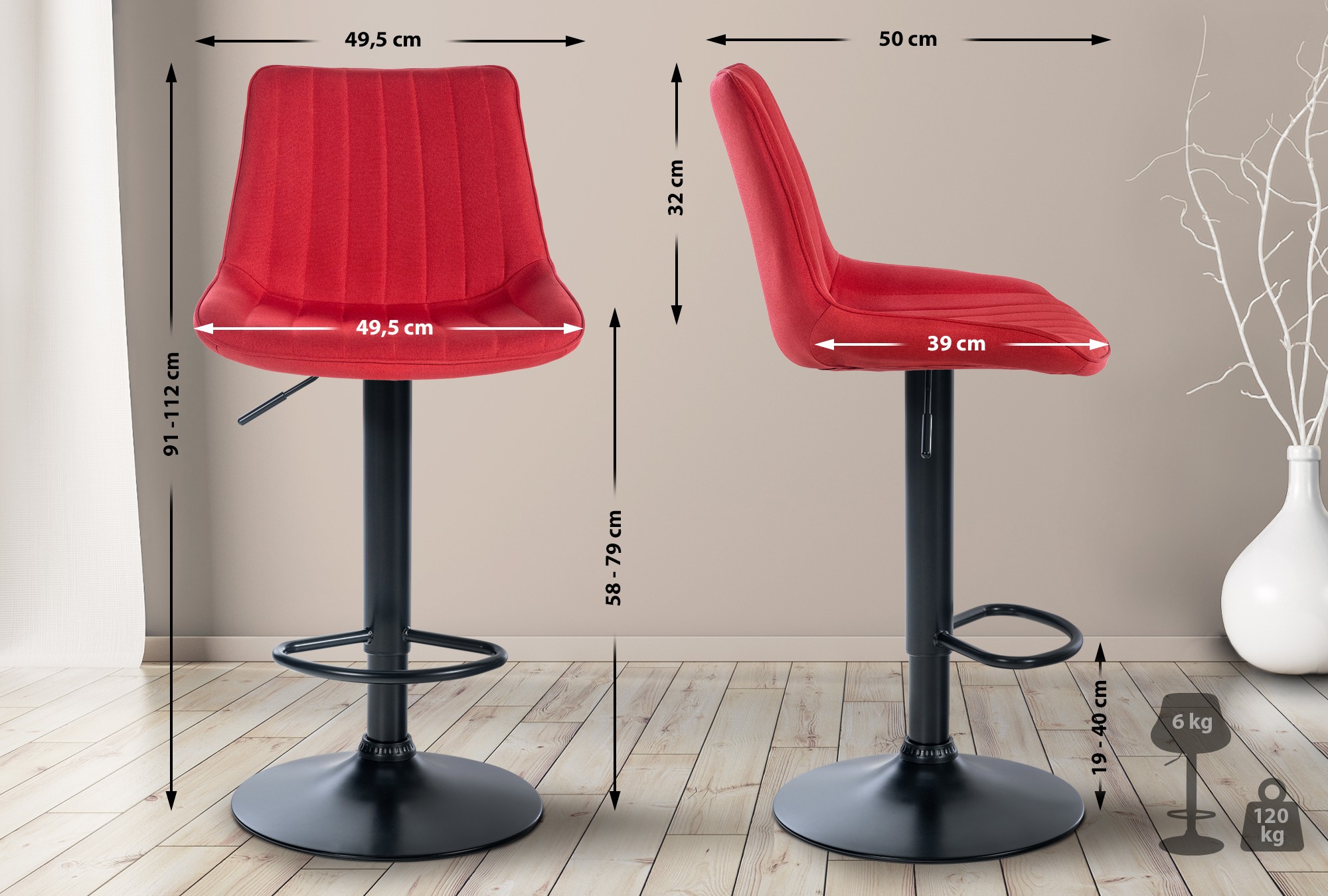 Lot de 2 tabourets de bar Toni tissu