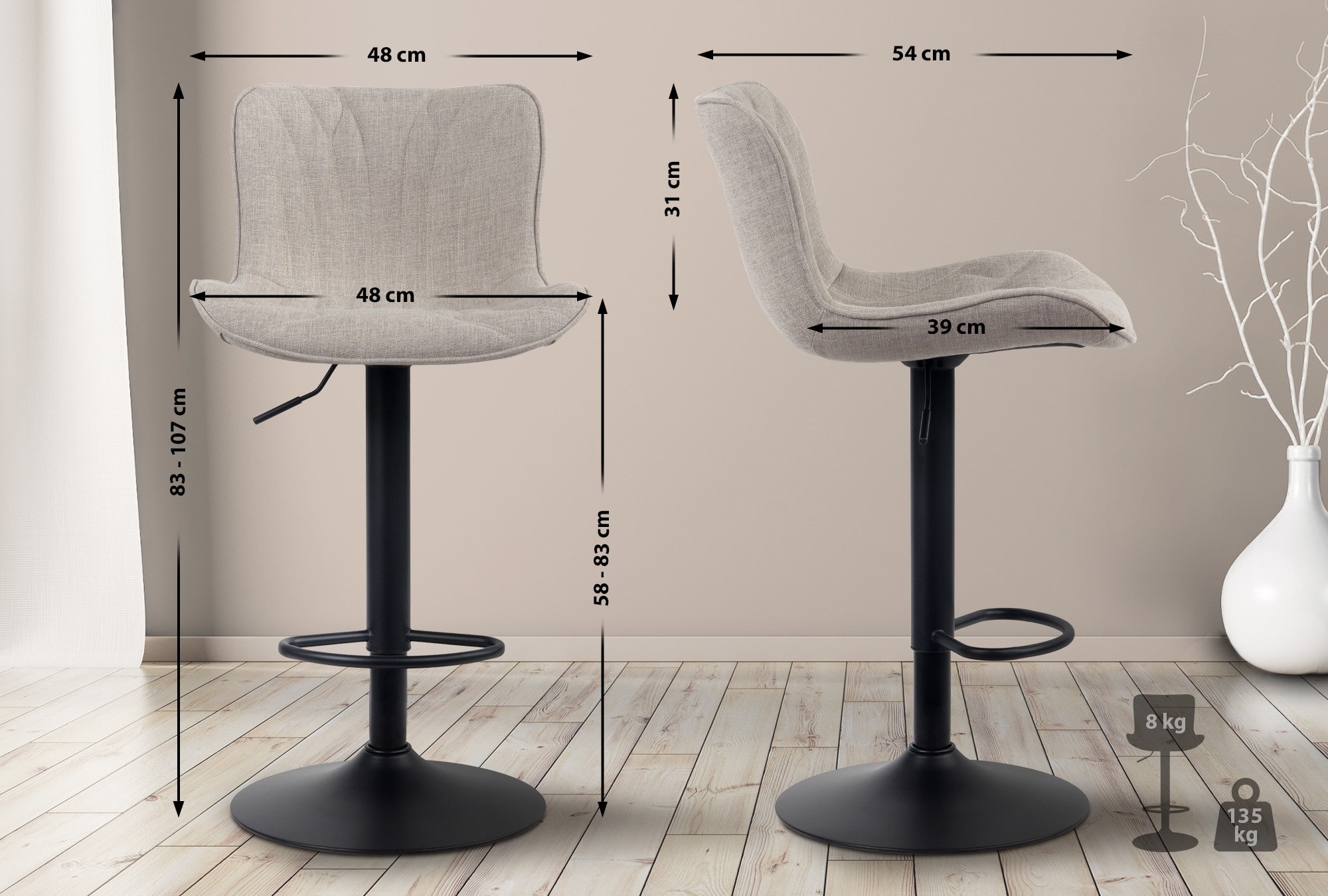 Tabouret de bar Linus Pied en Métal Hauteur réglable Siège pivotant