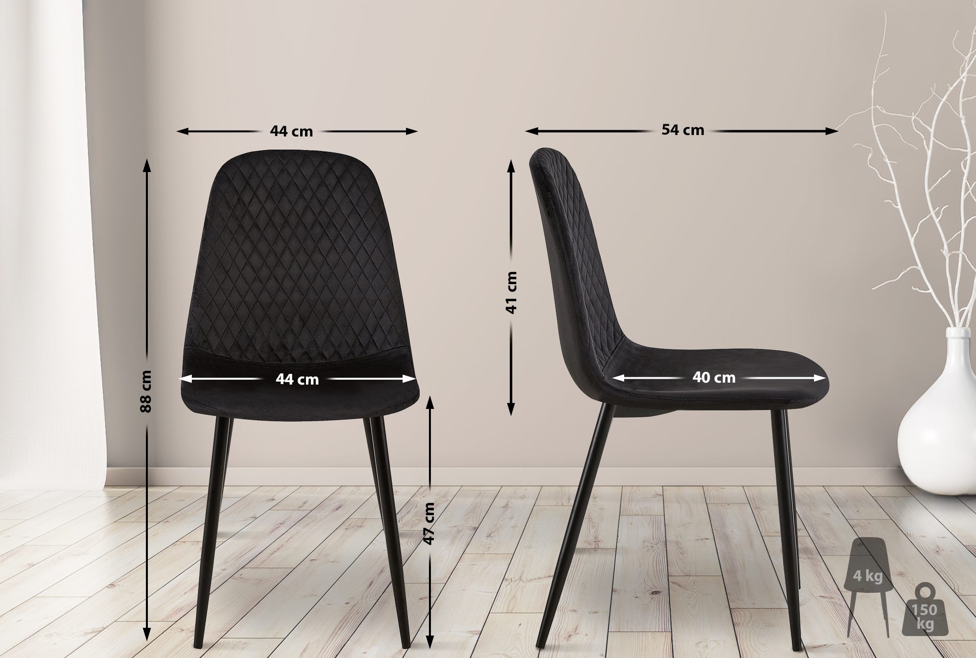 Lot de 4 Chaises de salle à manger Giverny avec Piètement en métal noir