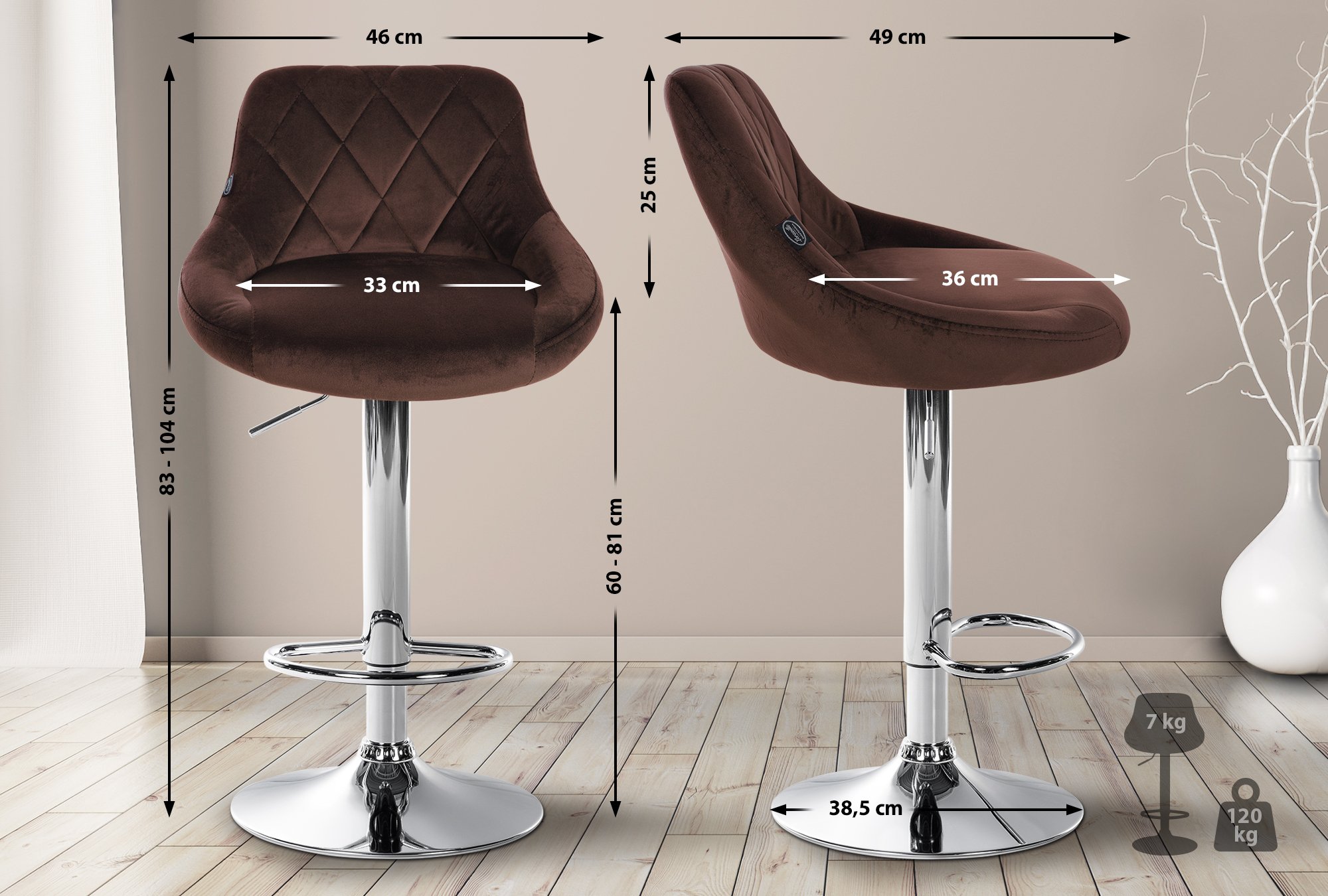 Tabouret de bar Lazio en velours avec pied en métal