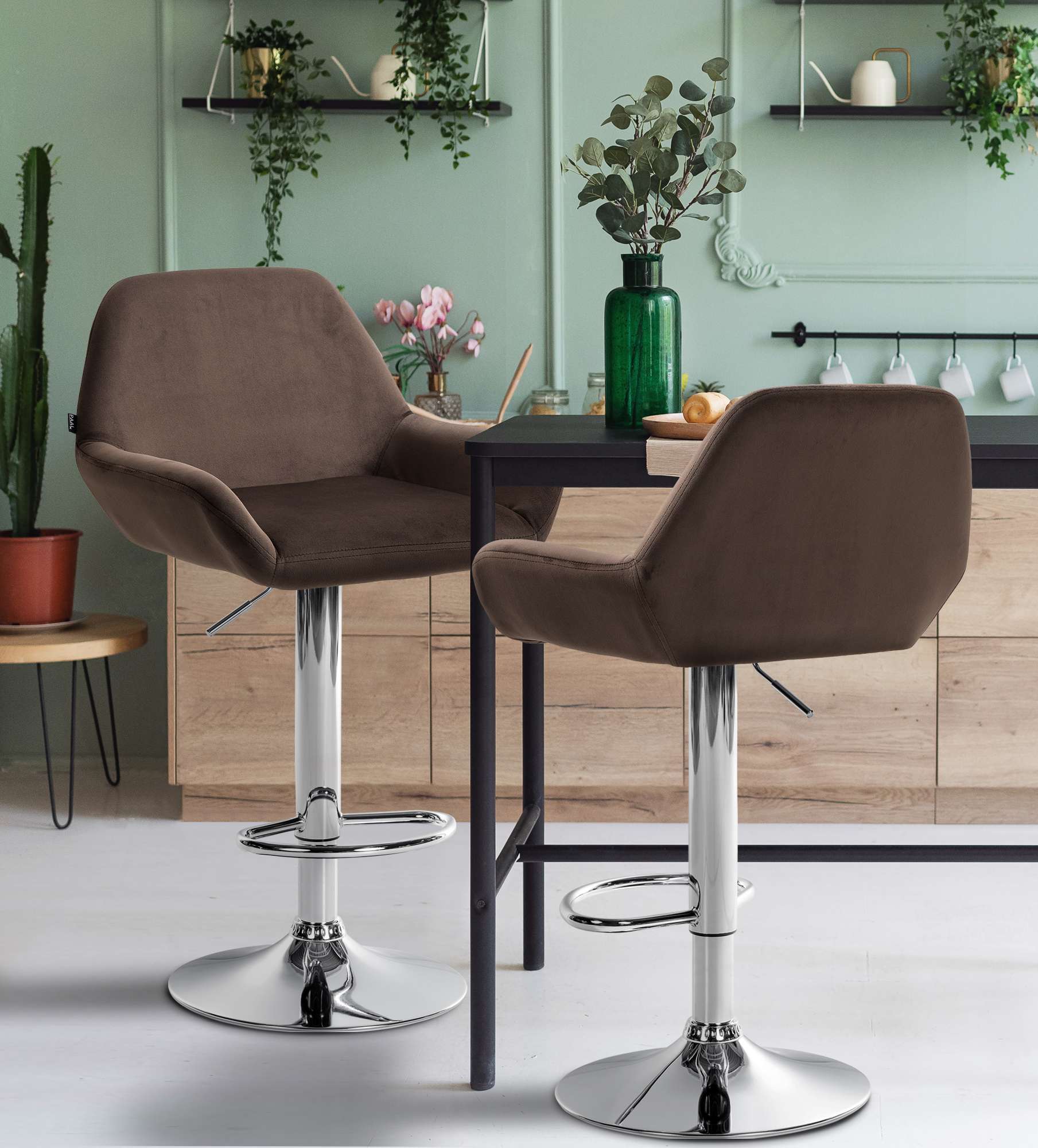Tabouret de bar Braga Velours avec pied en métal réglable et pivotant