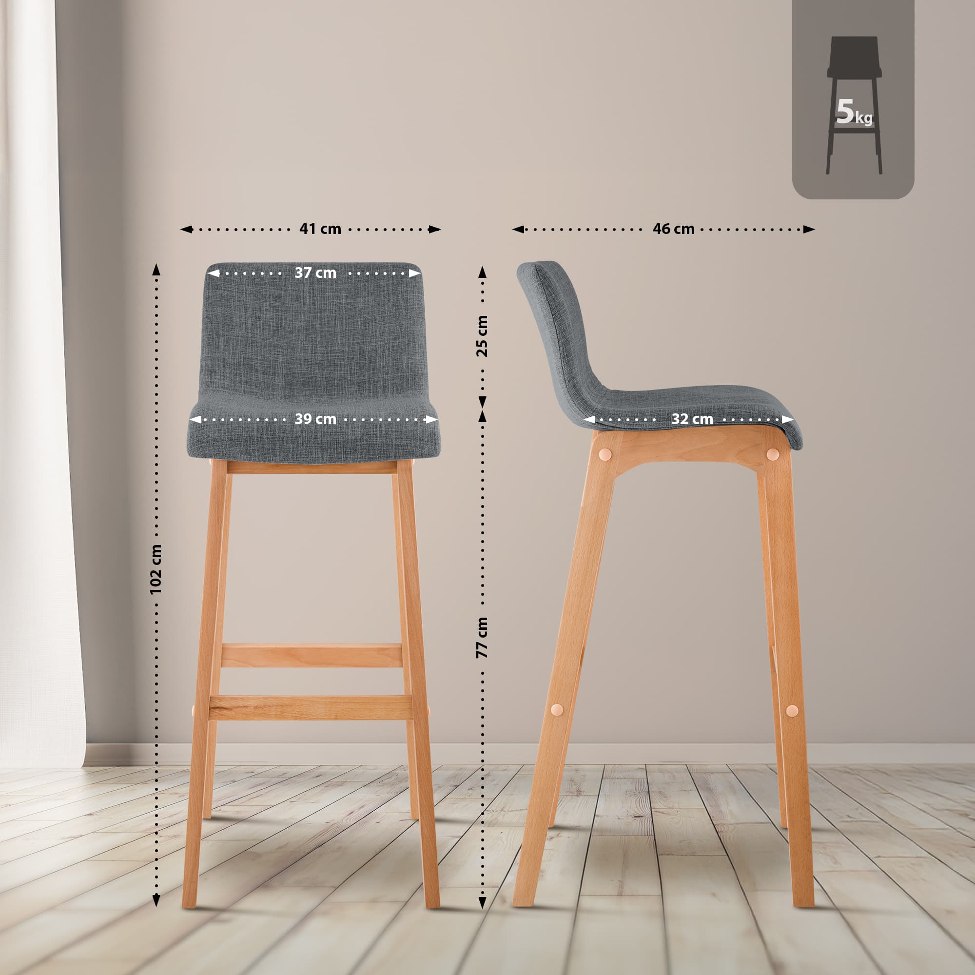 Lot de 2 tabourets de bar Hover en tissu, piètement à quatre pieds en bois naturel