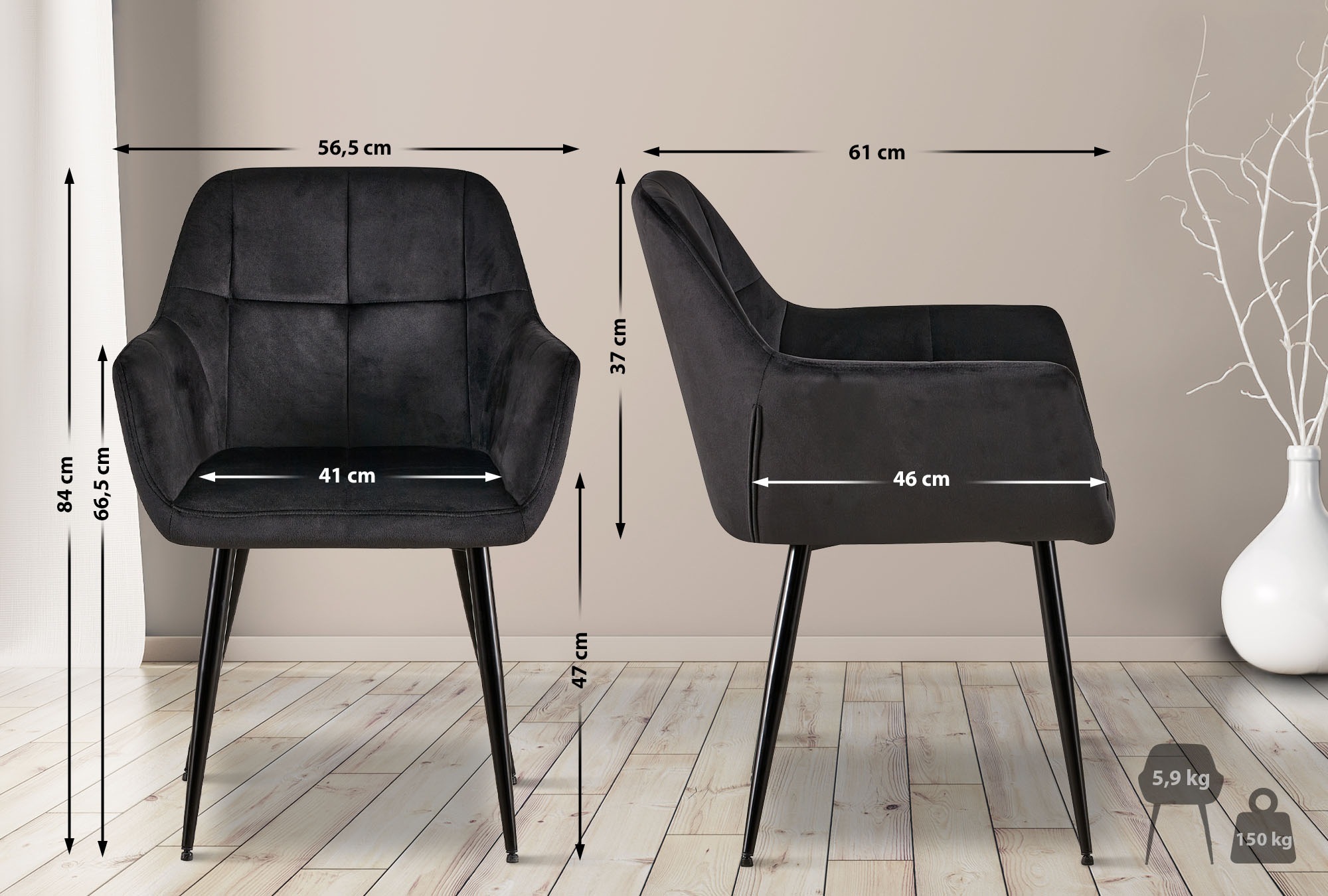 Chaise de salle à manger Emia en Velours avec Piètement en Métal noir