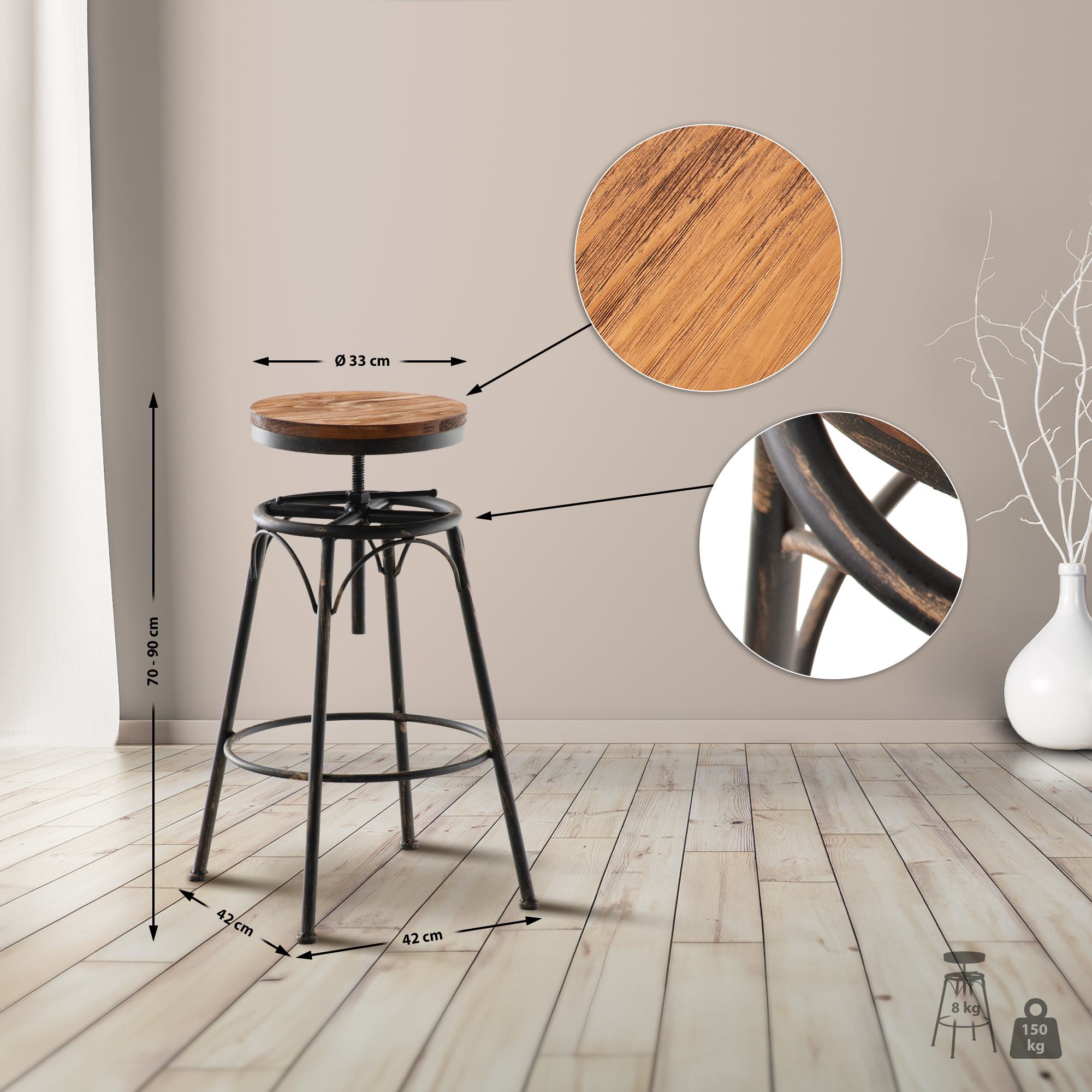 Lot de 2 tabourets de bar Beam avec assise en bois au style industriel