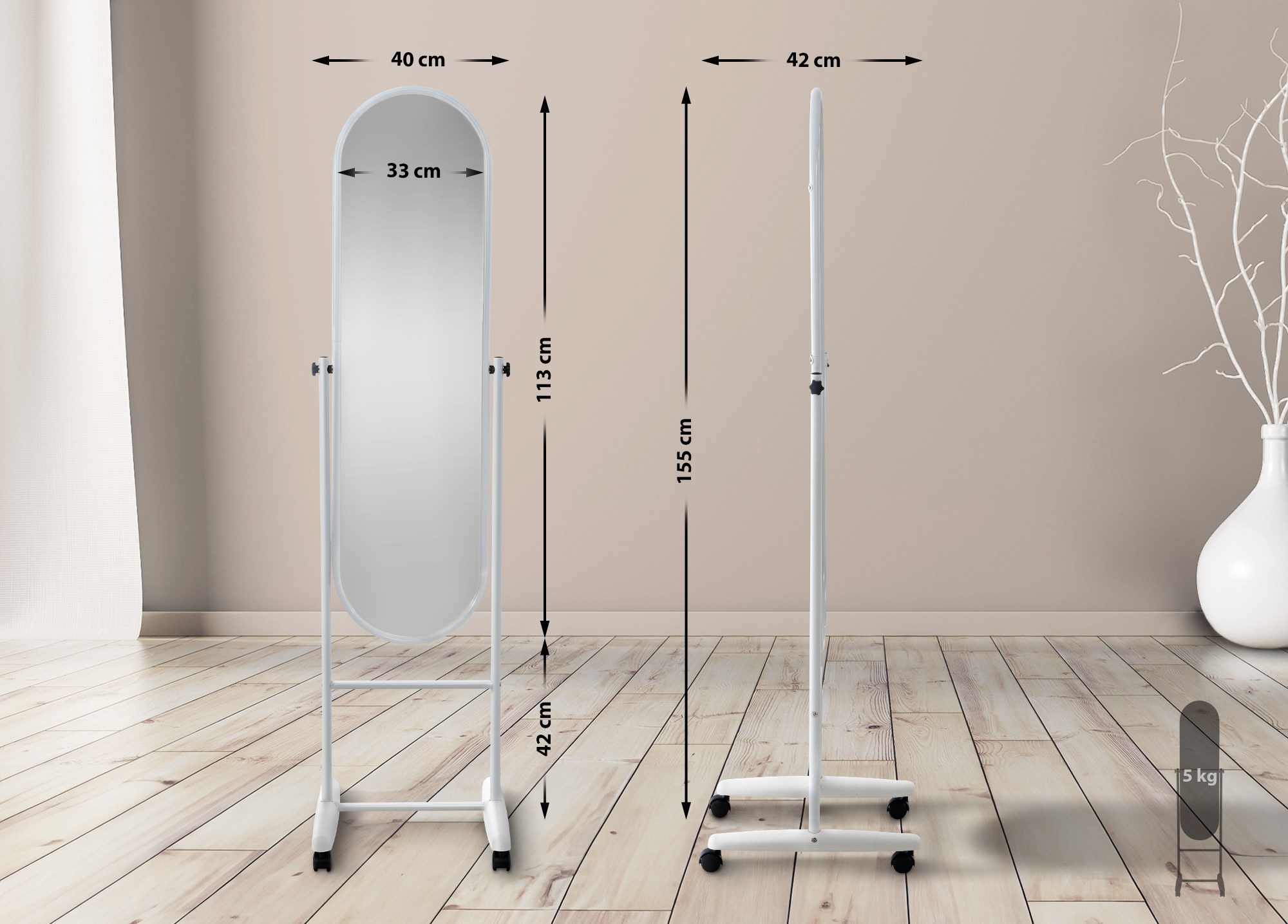 Miroir sur pieds Nane avec roulettes