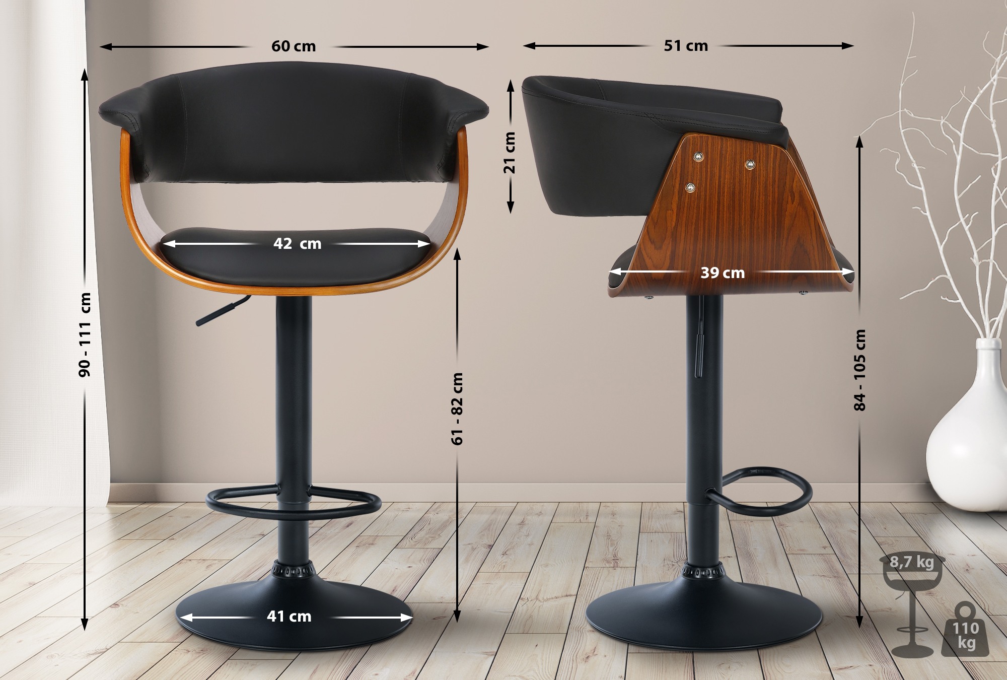 Tabouret de bar Vestal avec Coque en bois réglable pivotant