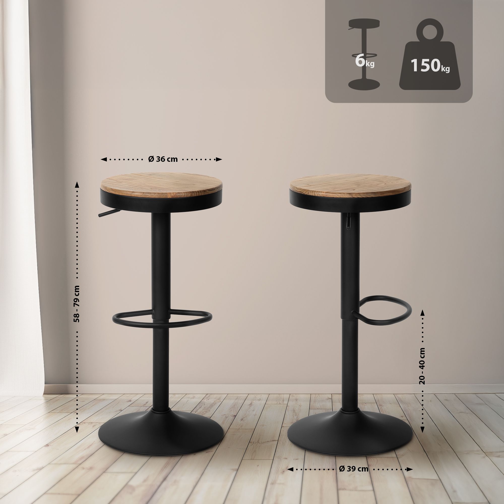 Tabouret de bar Pitas en bois d'orme