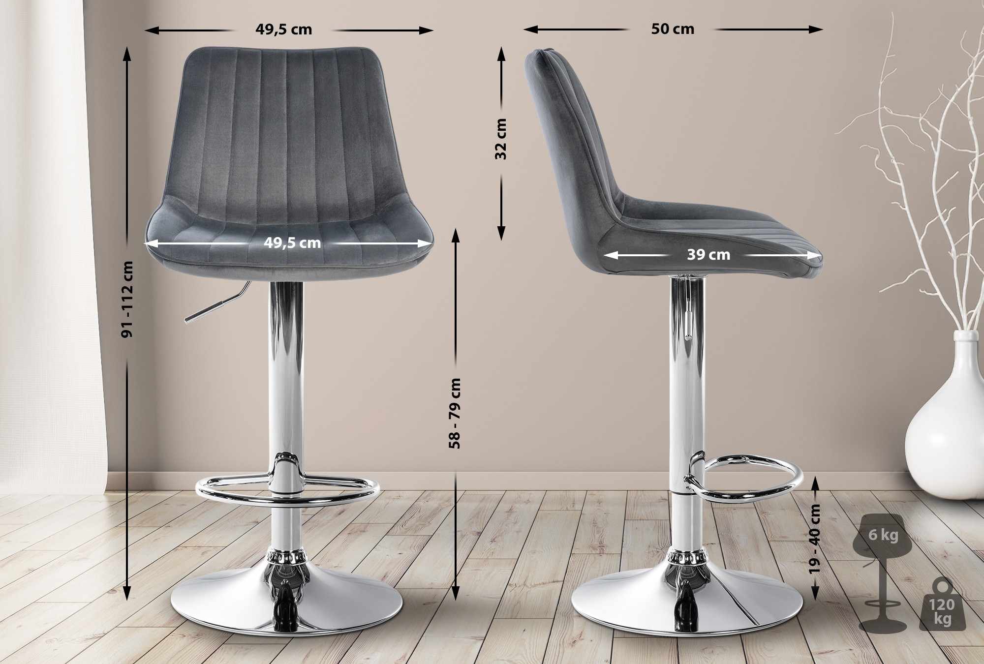 Tabouret de bar Toni en velours